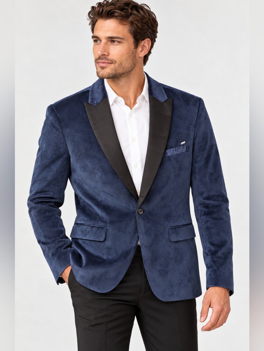 GUESS Men's XXL 48 Navy Blue Velvet Tuxedo Blazer Black Lapel Formal Jacket Prom